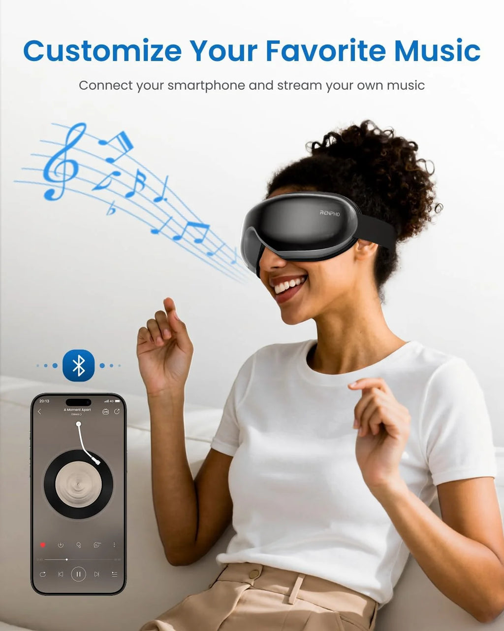 Eye Massager with Heat & Vibration – 5 Massage Modes, Bluetooth Music, Adjustable Headband, USB Rechargeable - Black
